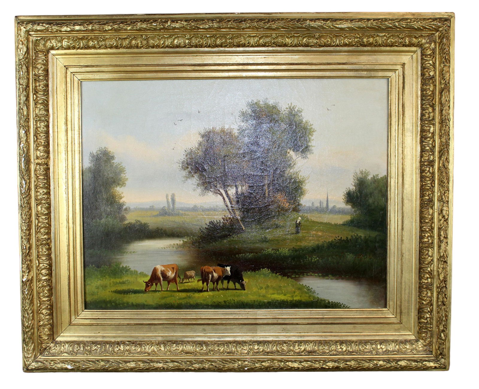 French oil on canvas painting of pastoral scene with cows (1 of 10)