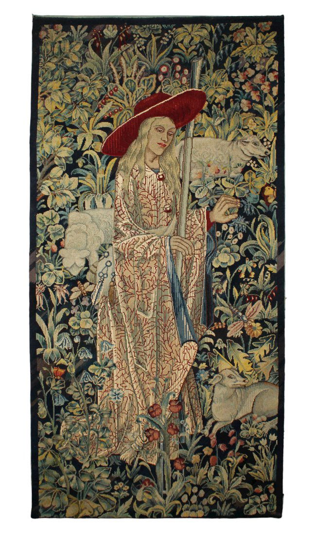Flemish figural tapestry with woman with red hat (1 of 5)