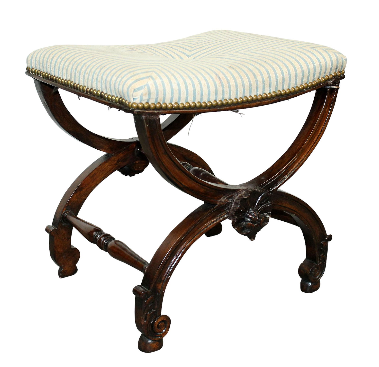 French carved curule stool with upholstered seat (1 of 4)