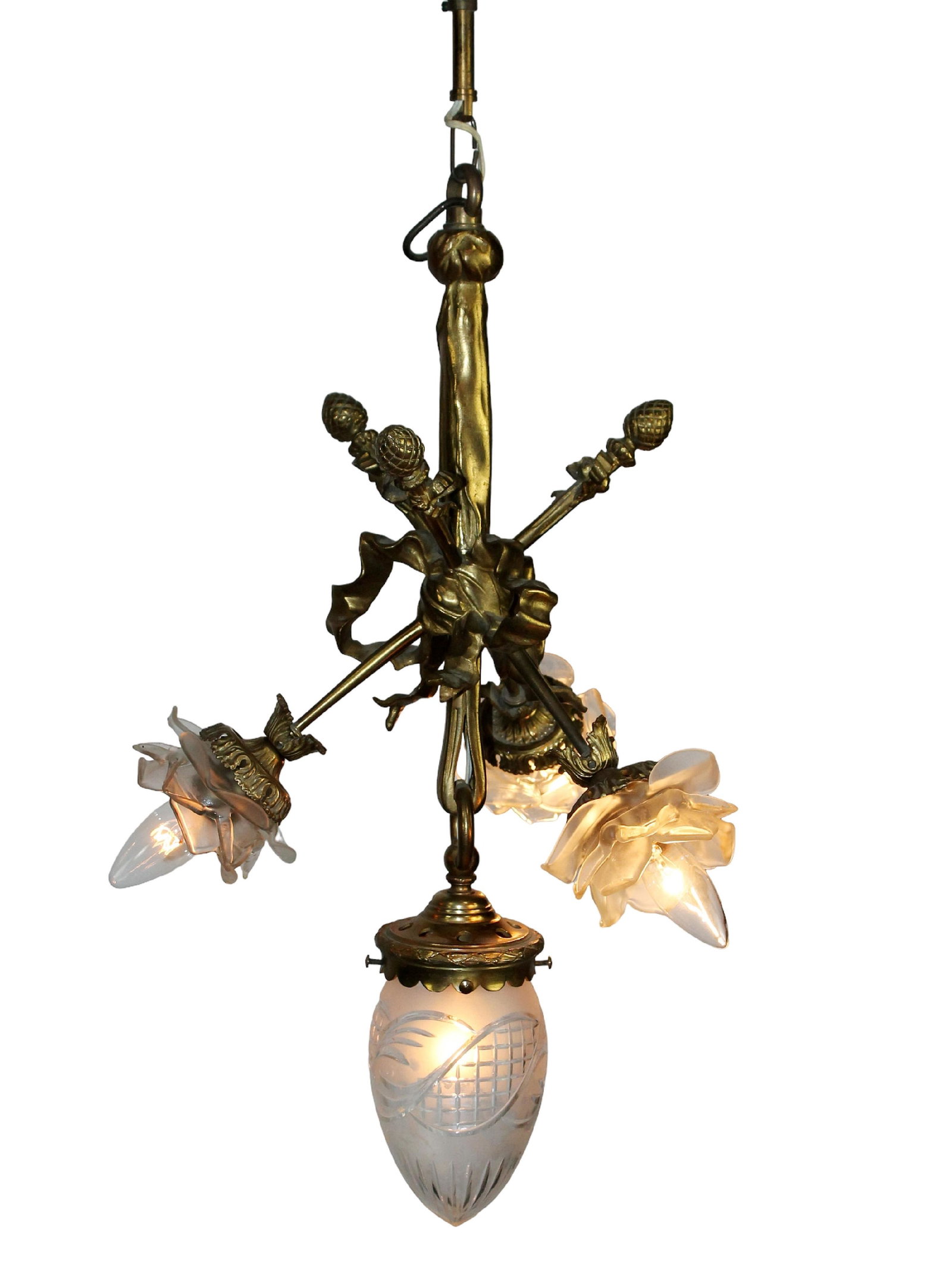 French Louis XVI bronze chandelier with ribbon and bow: French Louis XVI bronze chandelier with ribbon and bow. Floriform rose shades. Early 20th century. 29"h x 13 1/2"w
