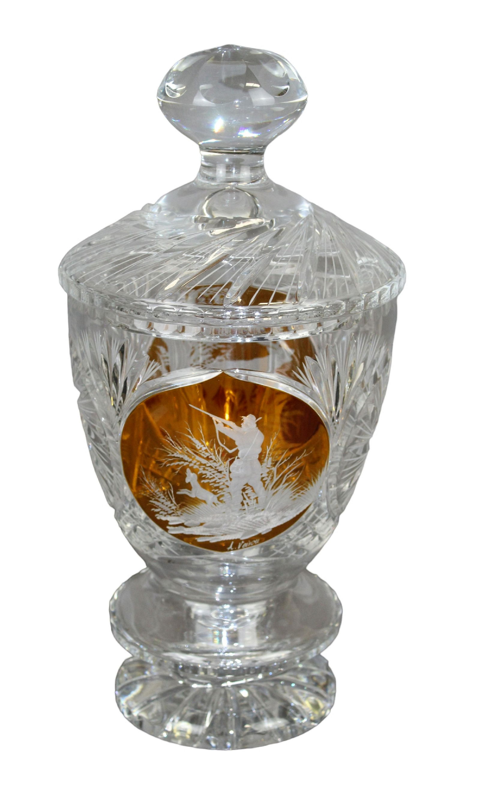 Large crystal lidded urn with amber hunting scene (1 of 11)