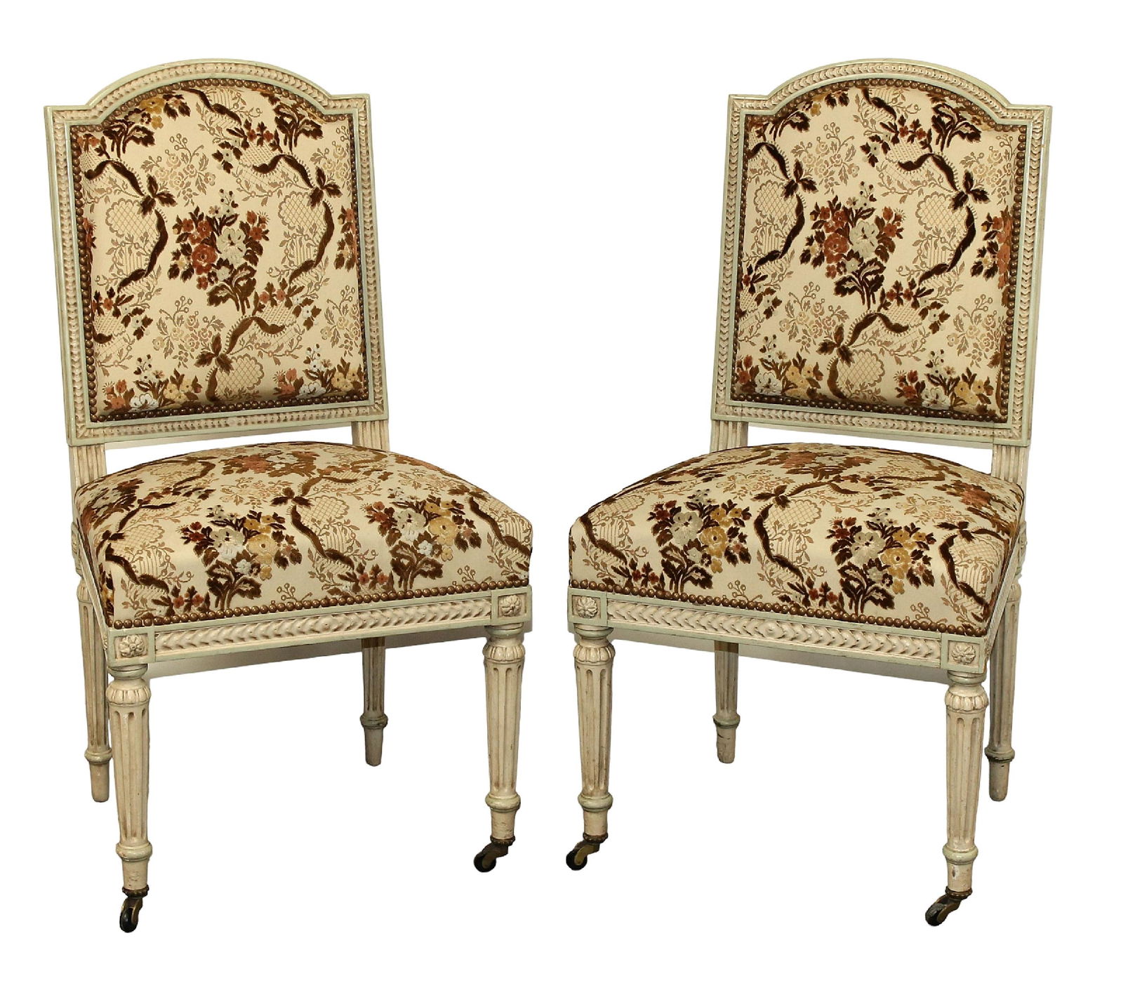 Pair French Louis XVI style painted side chairs on fluted legs (1 of 9)