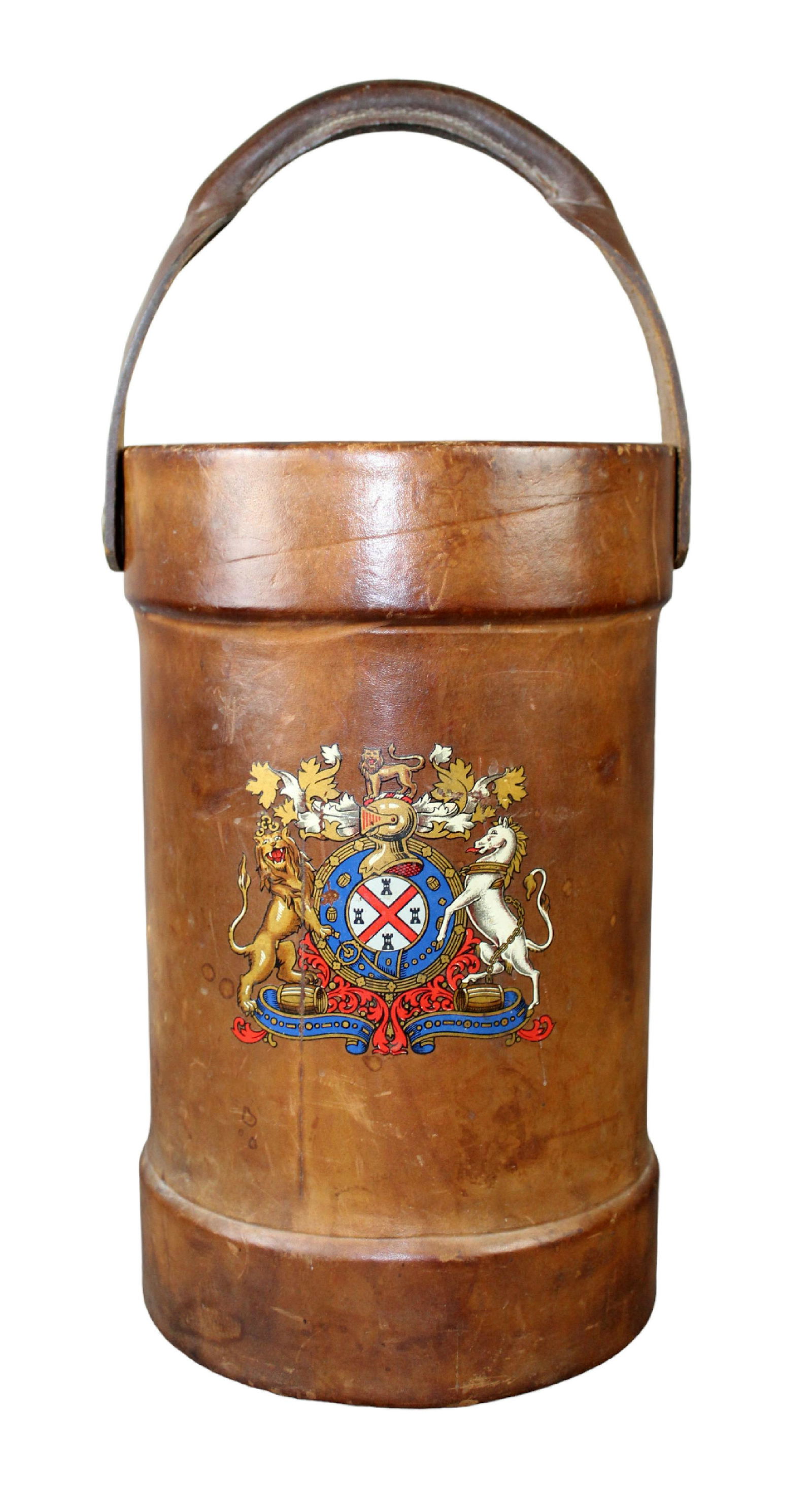 Antique English leather armorial fire bucket with Royal crest (1 of 9)