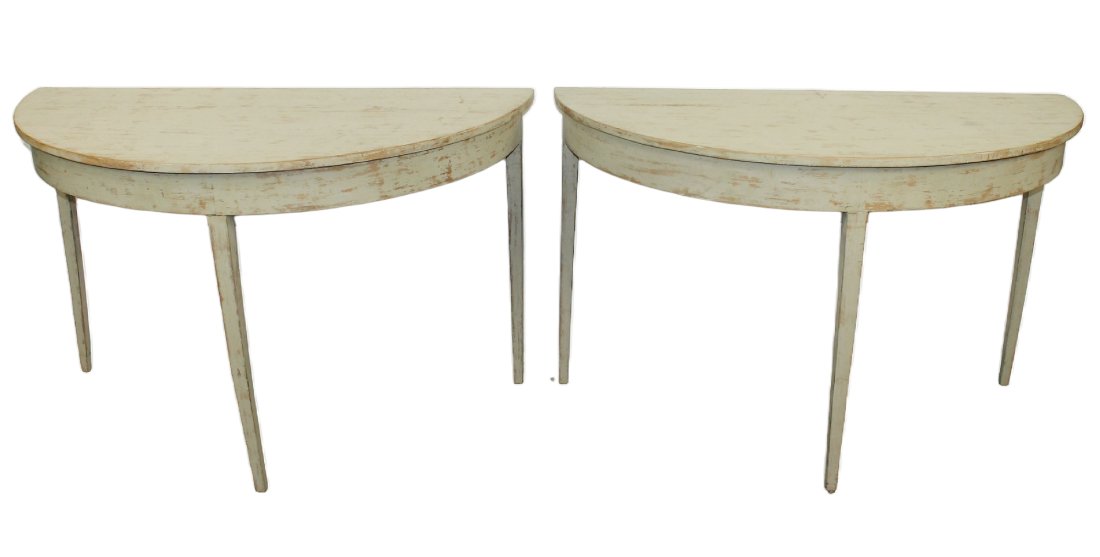 Pair of Swedish 19th c painted pine demi lune 3 leg consoles (1 of 12)