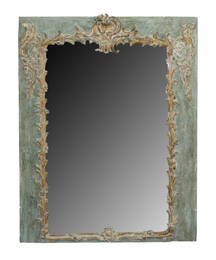 French Regency boiserie mirror with raised gilt wood acanthus leaves and rocaille shell