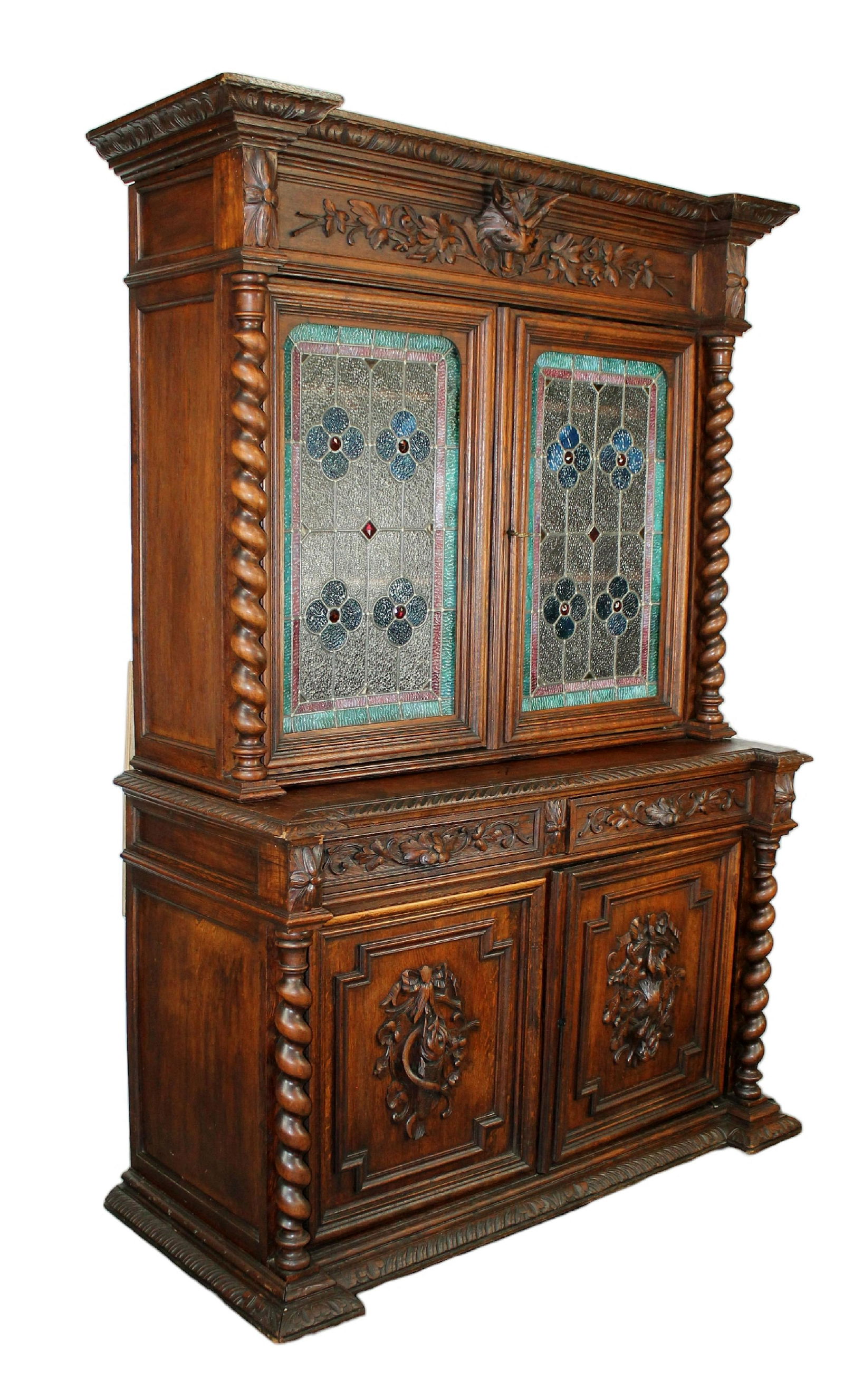 French Louis XIII carved oak buffet with barley twist columns and stained glass doors (1 of 9)