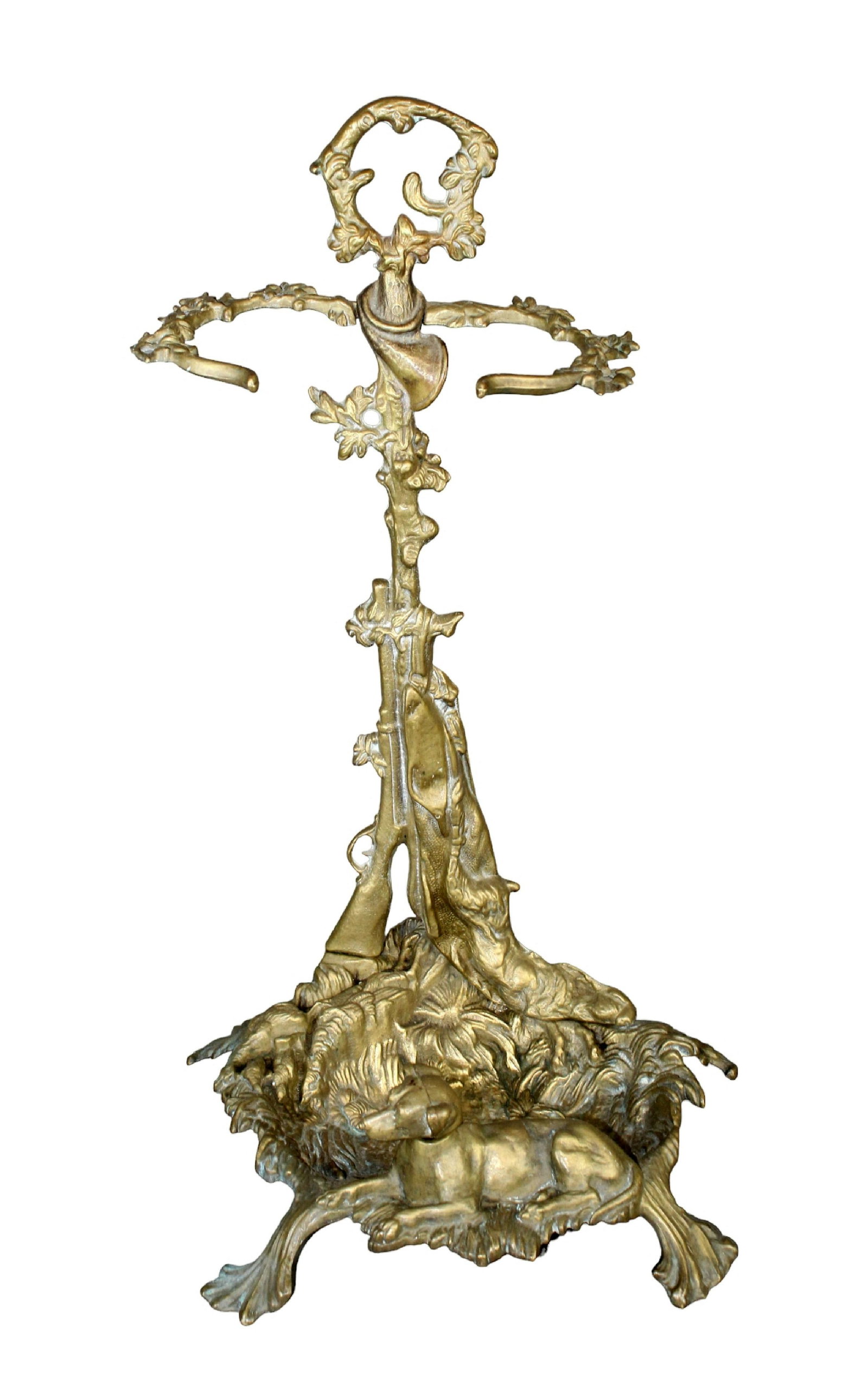 French bronze hunt motif umbrella stand with dog: French bronze hunt motif umbrella stand with dog. Early 20th century. 22" h x 13 1/4" w x 10 1/2" d