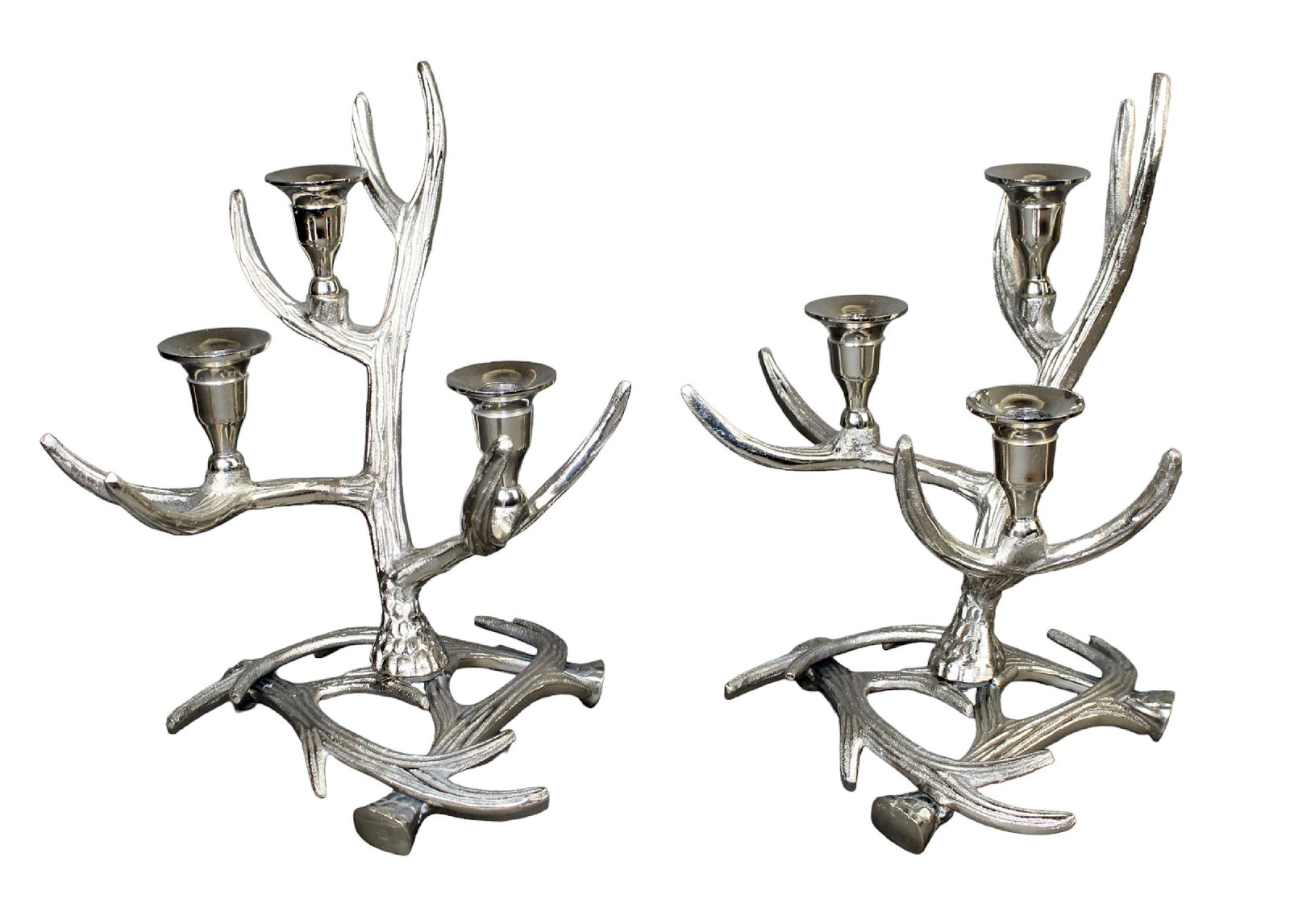 Pair of polished aluminium stag horn 3-arm candelabra: Pair of polished aluminium stag horn 3-arm candelabra. 21st century. 13"h x 11"w