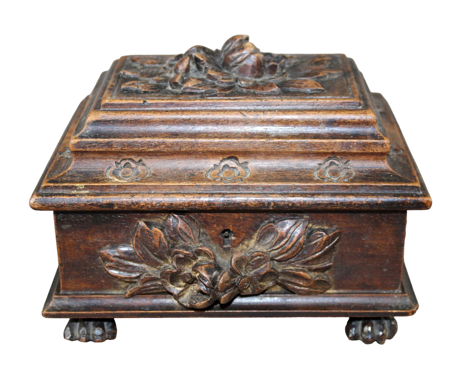 French carved walnut dresser box on paw feet (1 of 11)