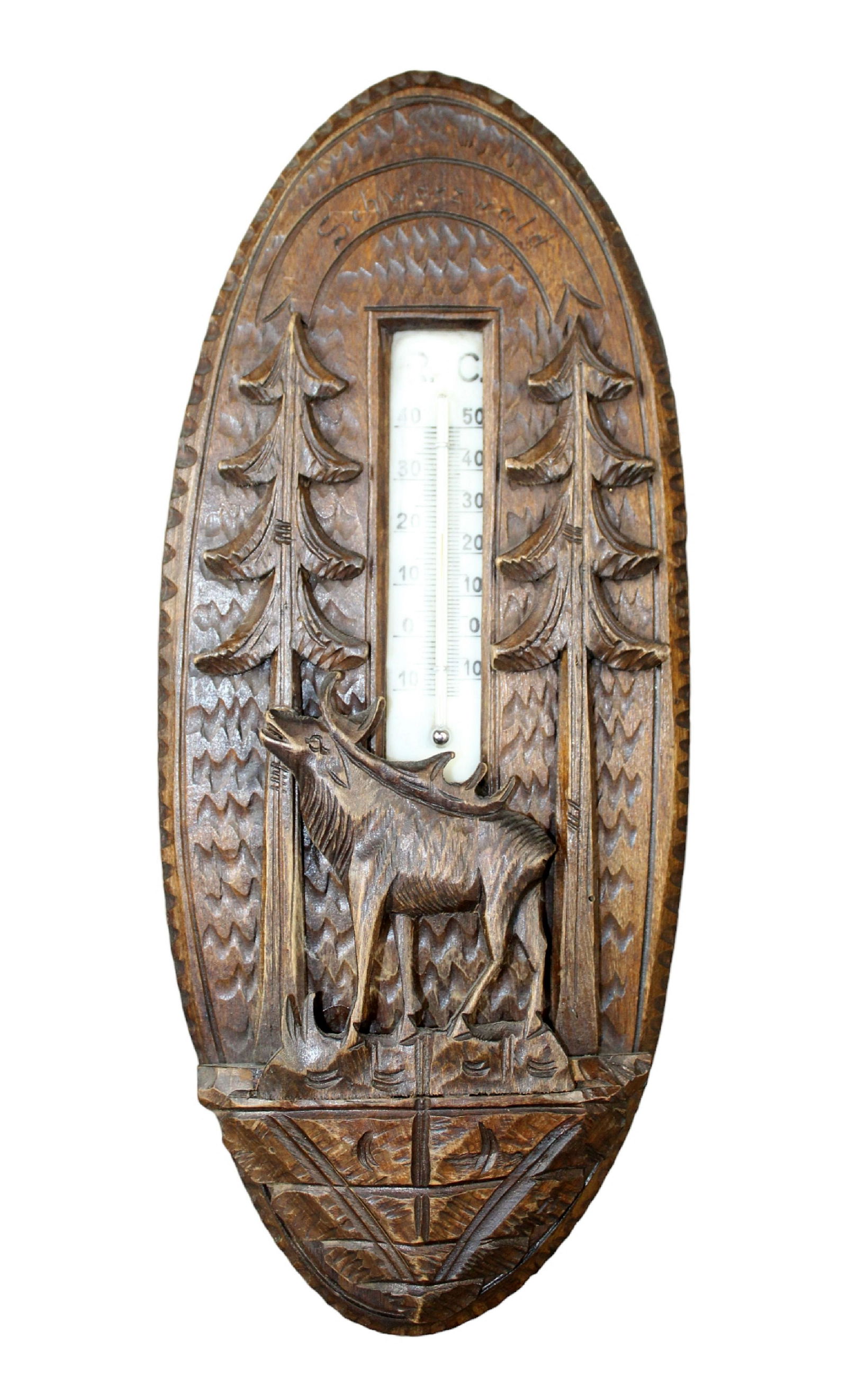 Swiss Black Forest carved walnut thermometer (1 of 6)