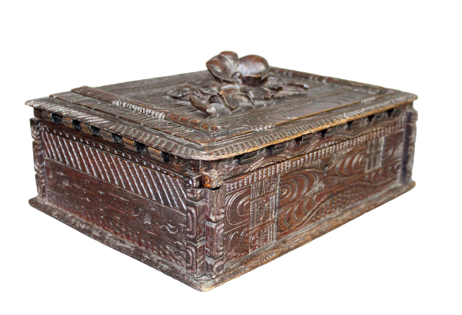 Black Forest carved dresser box with carved flower on top (1 of 11)