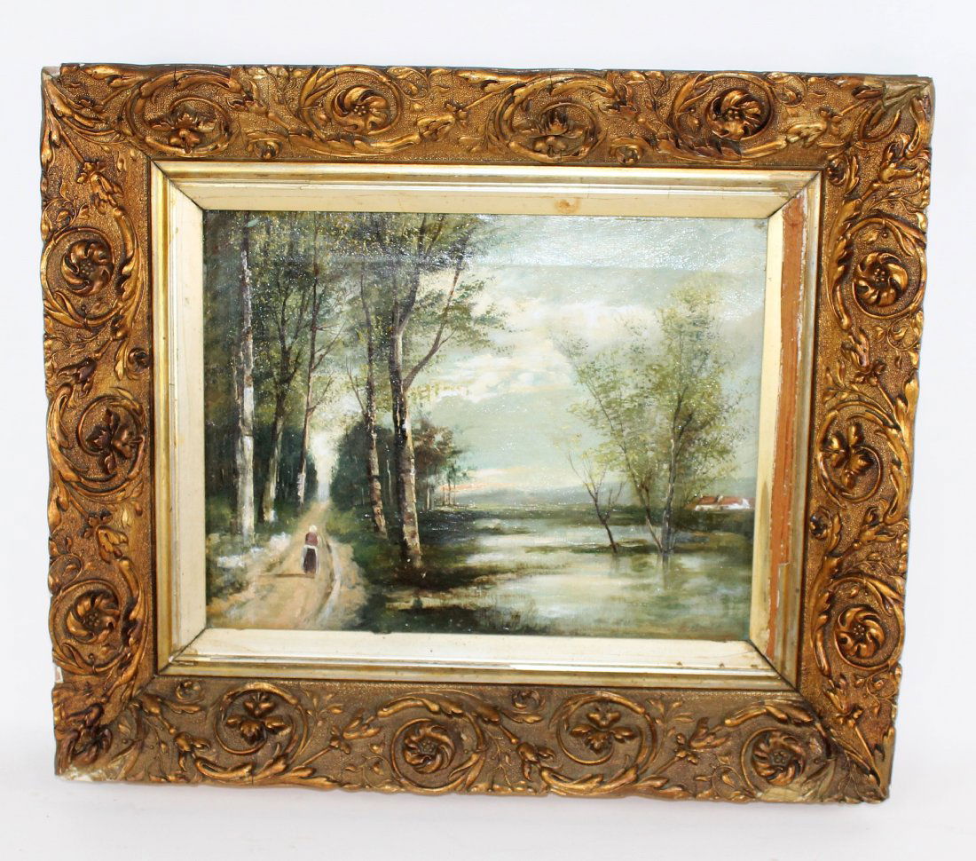 Antique oil on canvas depicting woman on wooded path (1 of 9)