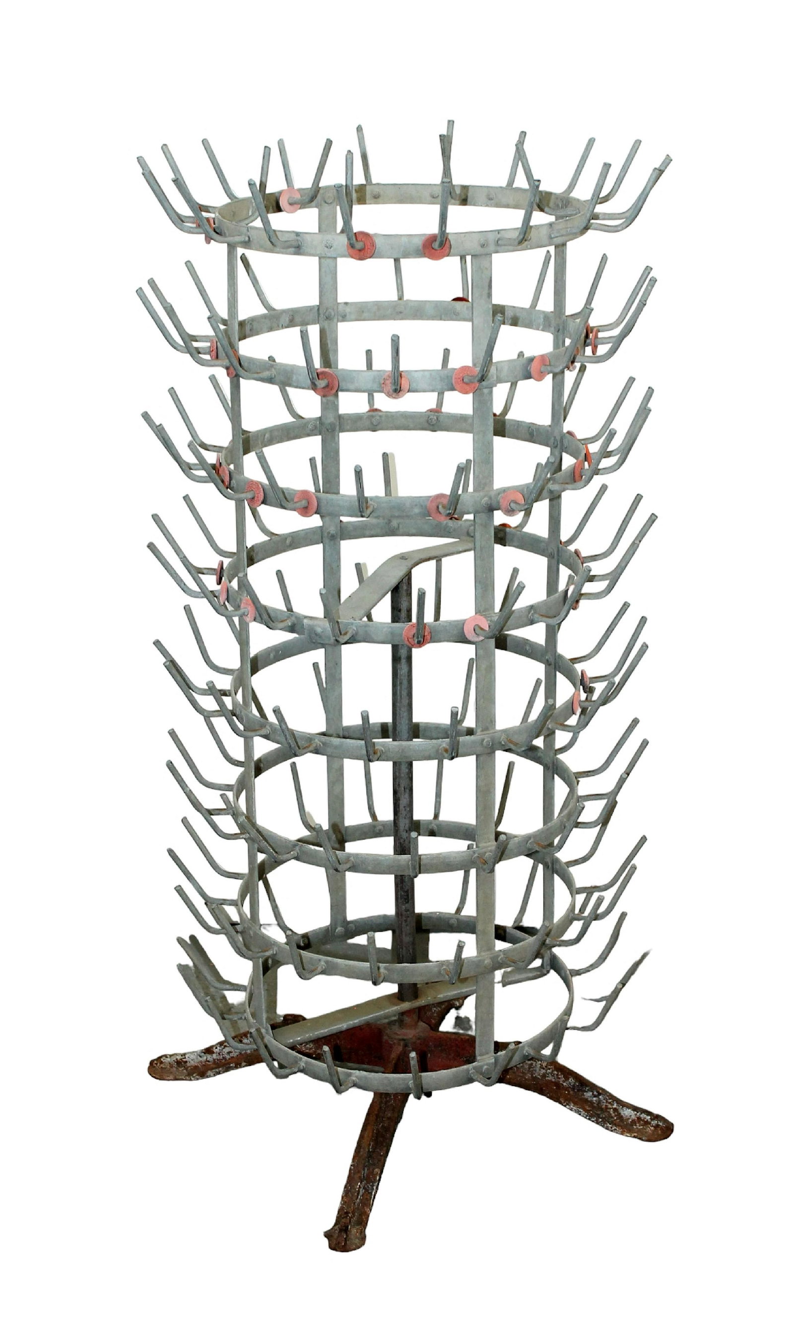French wine bottle drying rack: French wine bottle drying rack. Mid 20th century. 41"h x 21 1/4" dia
