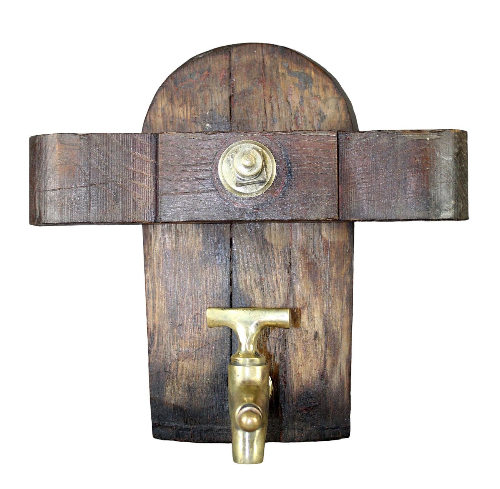 French winemakers barrel door in oak with bronze tap: French winemakers barrel door in oak with bronze tap. Early 20th century. 17 1/4" h x 17 1/2" w x 17 3/4" d