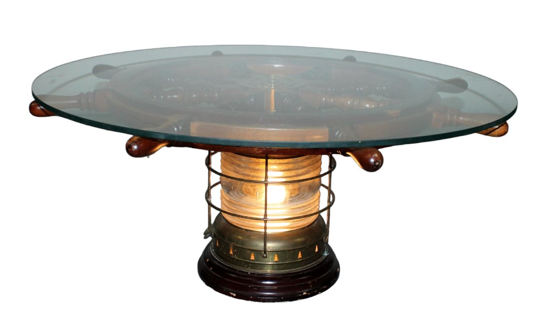Ship's wheel coffee table on anchor light base with glass top (1 of 8)