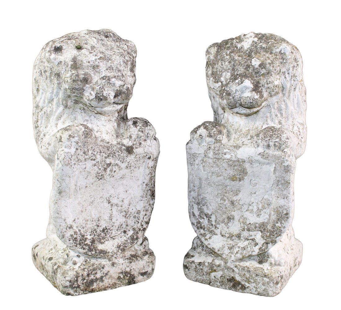 Pair of French cast garden stone seated lions with shields (1 of 7)