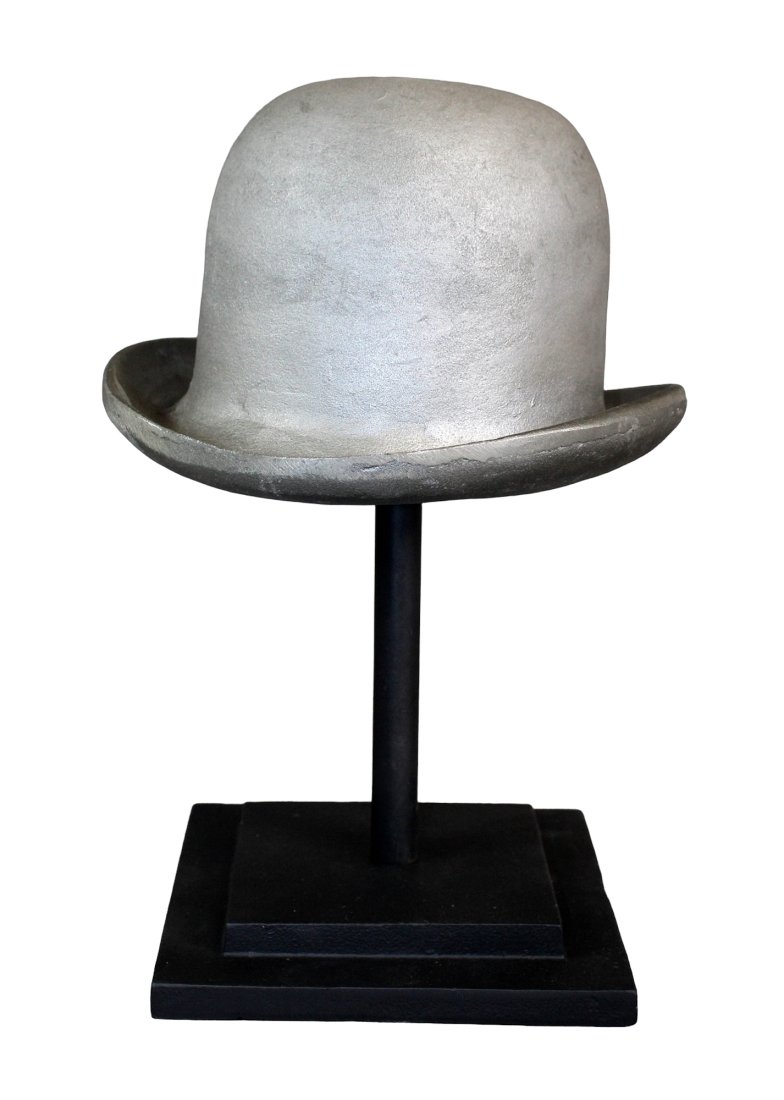 Restoration Hardware metal bowler hat on stand: Restoration Hardware metal bowler hat on stand 13 1/2" h x 8 3/4" w x 9 3/4" d