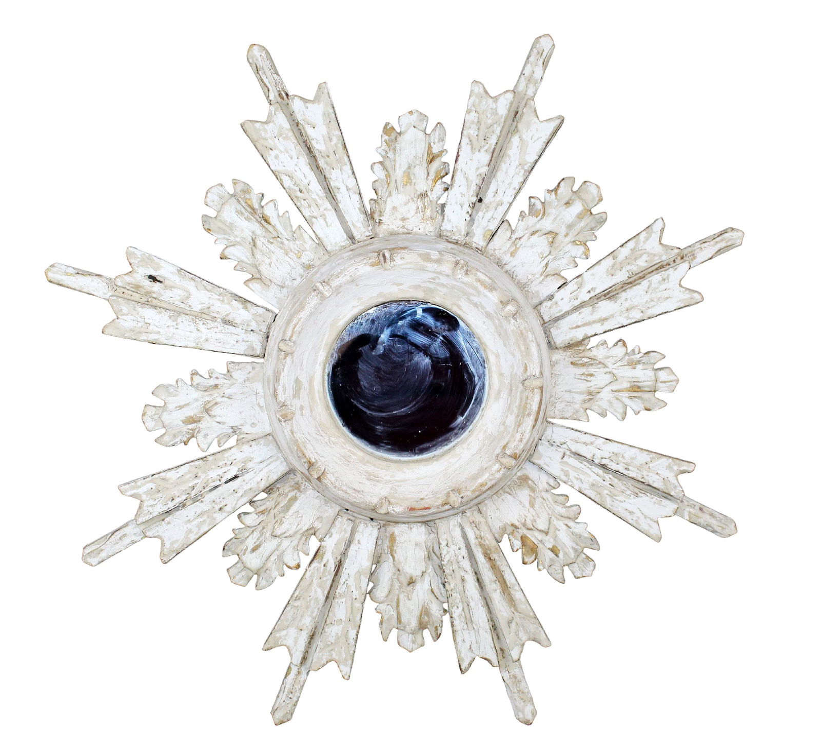 French painted and carved wood sunburst mirror: French painted and carved wood sunburst mirror. Circa 1970's. 25" diam