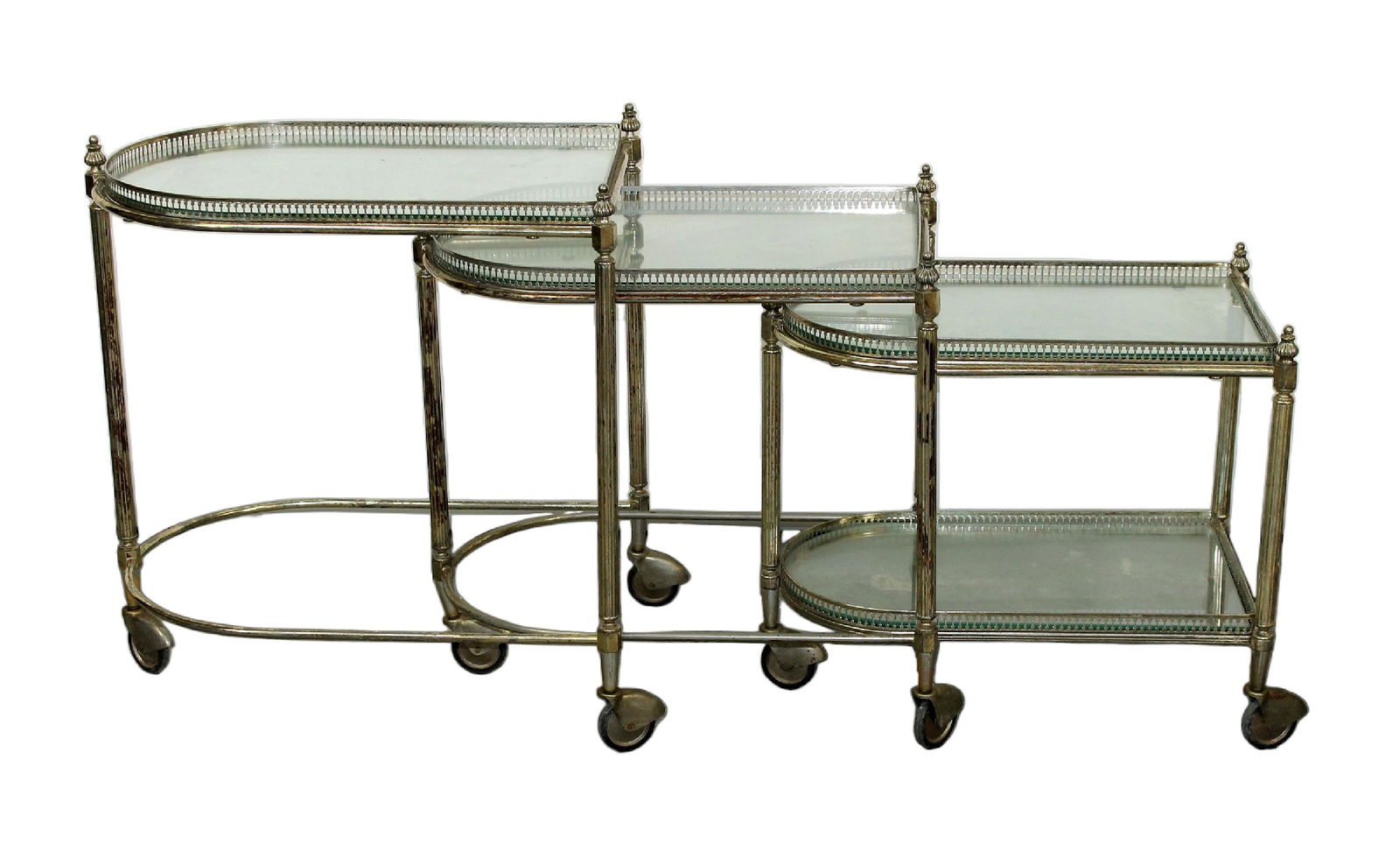 Set of 3 French nesting metal & glass demi-lune bar carts: Set of 3 French nesting metal & glass demi-lune bar carts. Mid 20th century. Small 18 1/2"h x 21"w x 13"d, Med 21 1/2"h x 21 1/2"w x 14 1/2"d, Large 24" x 22 1/2"w x 14 1/4"d
