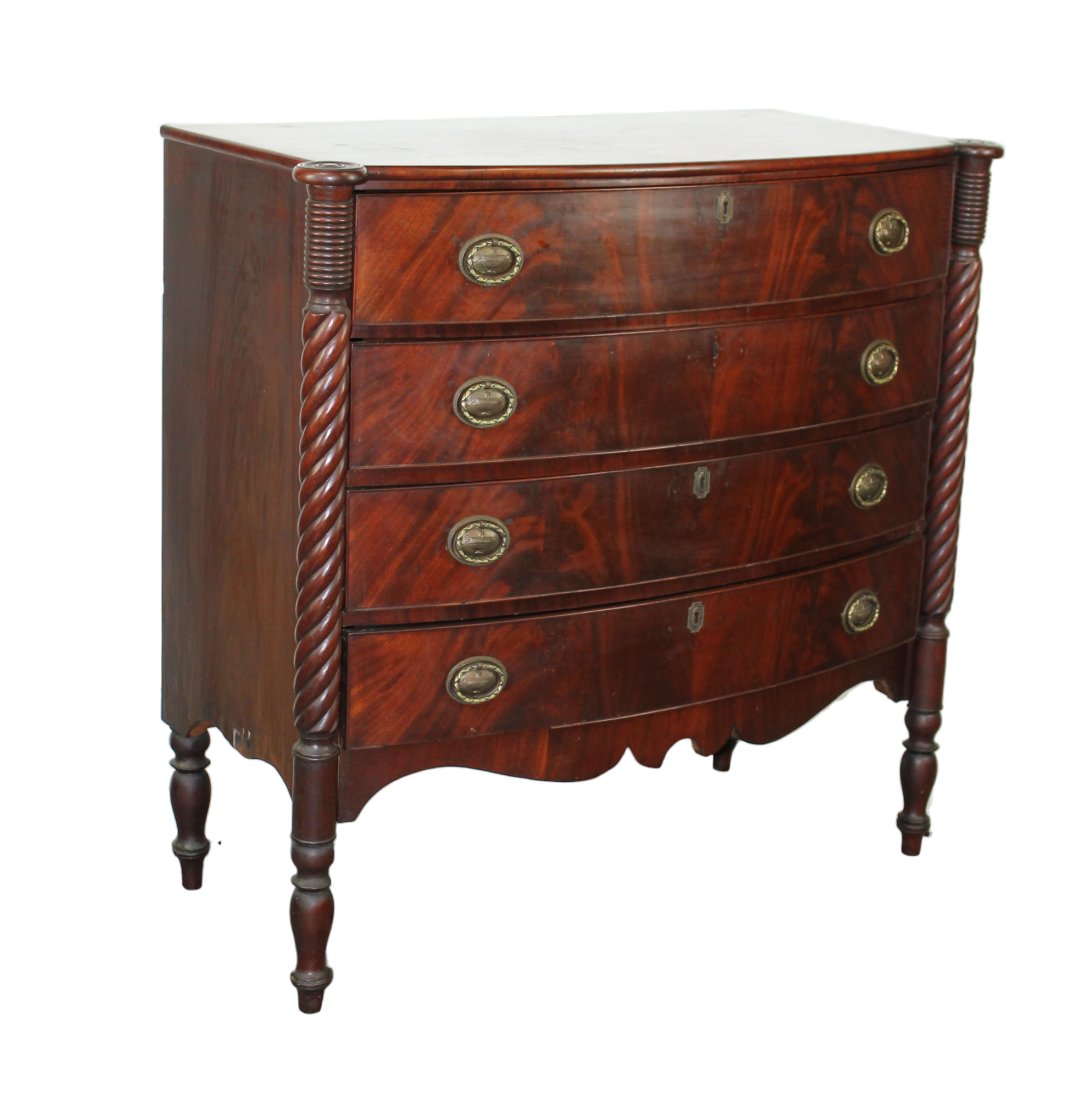 American Sheraton flame mahogany bowfront chest of drawers (1 of 8)