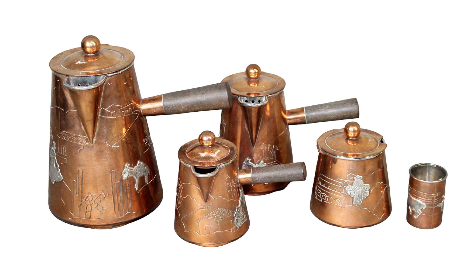 Mexican 5 piece silver over copper coffee set (1 of 7)