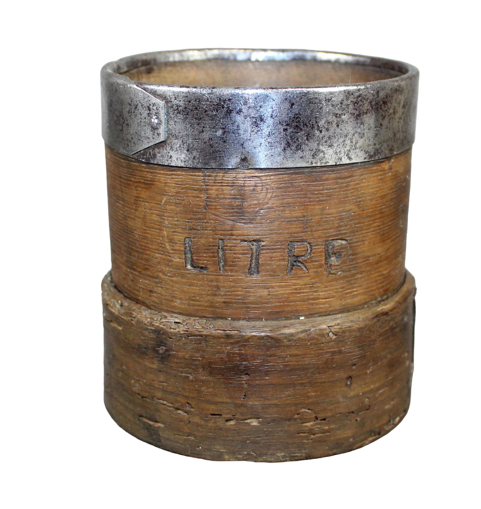Antique French litre wooden bucket with iron band and Louis Philippe crown stamp (1 of 10)