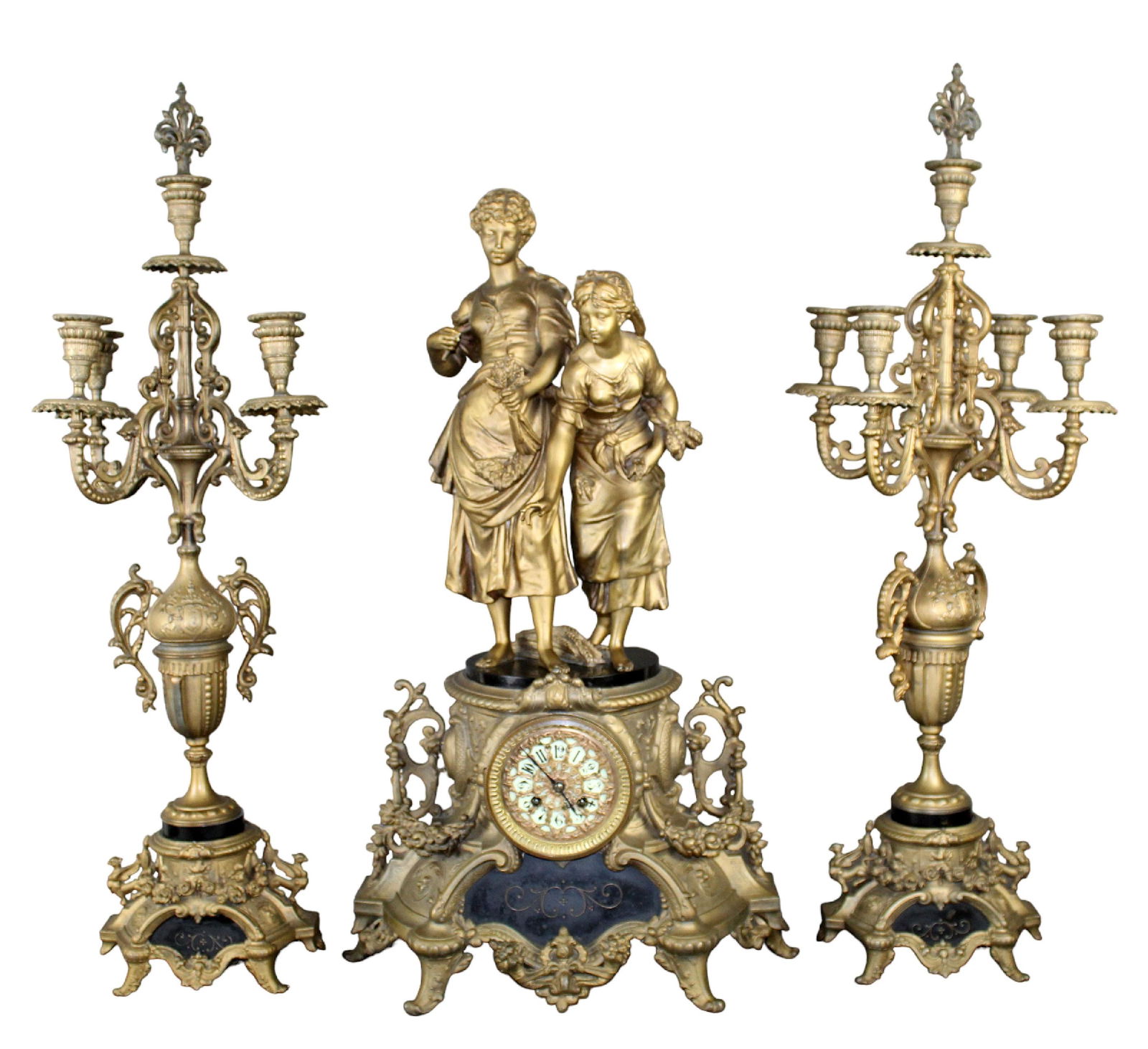 French 3-piece gilt metal figural mantel clock with candelabra (1 of 14)