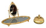 Gilt metal filigree oval dresser tray with mirror and lidded jar