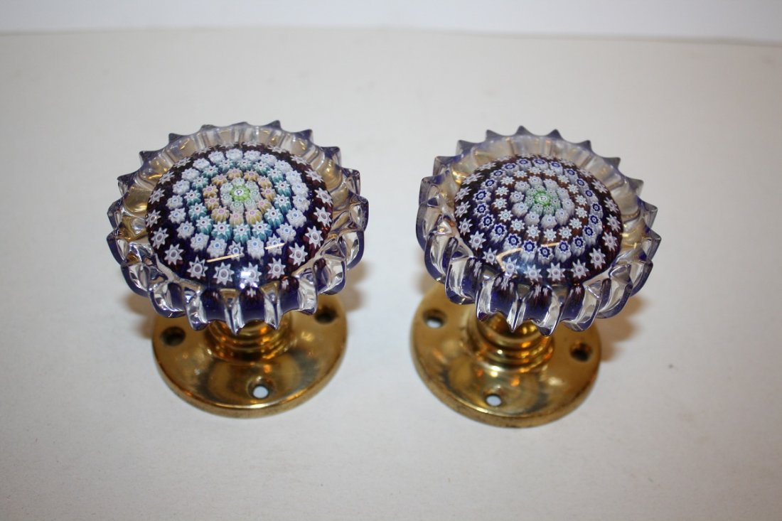 Pair of millefiori and brass doorknobs: 2 1/2" x 2 1/2"