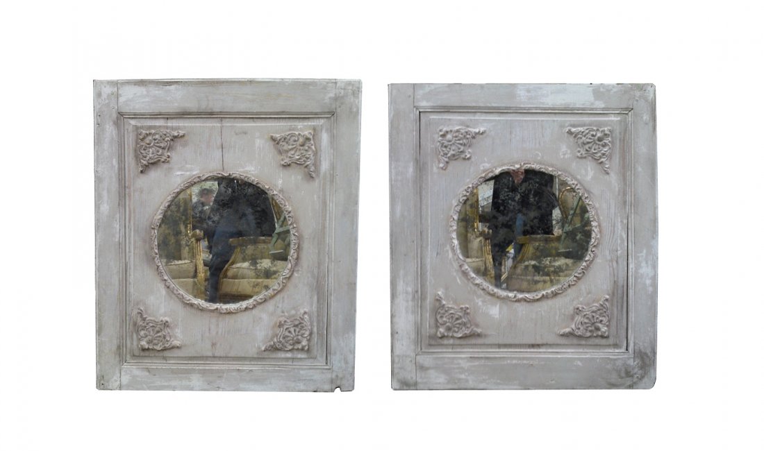 Pair of 19th c mirrors in painted, distressed frame: French. 38 3/8"h x 30 5/8"w ea