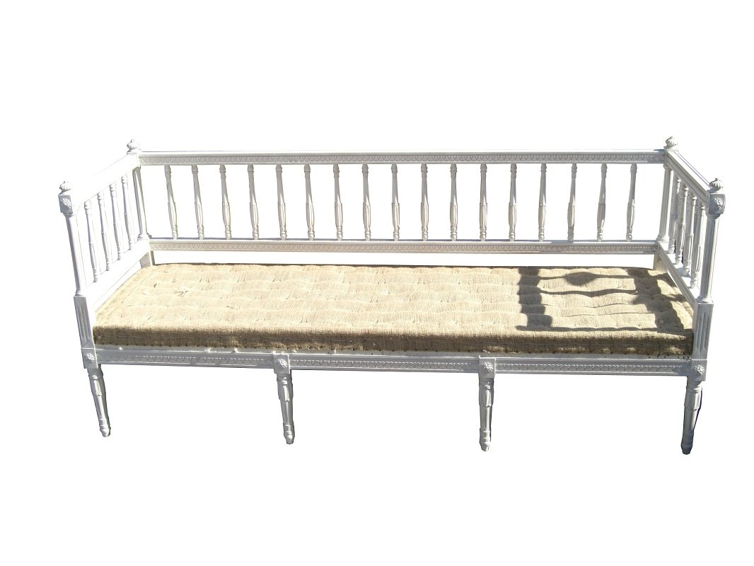 Swedish painted pine bench with spindle back: Seat is burlap and ready for upholstery. 19th century. 34 1/4"h x 74 1/2"l x 23 3/8"d