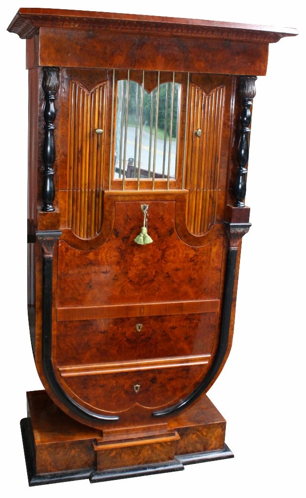 Biedermeier secretary in burl walnut, walnut: & ebony. 71 1/2"h x 39"w x 23"d