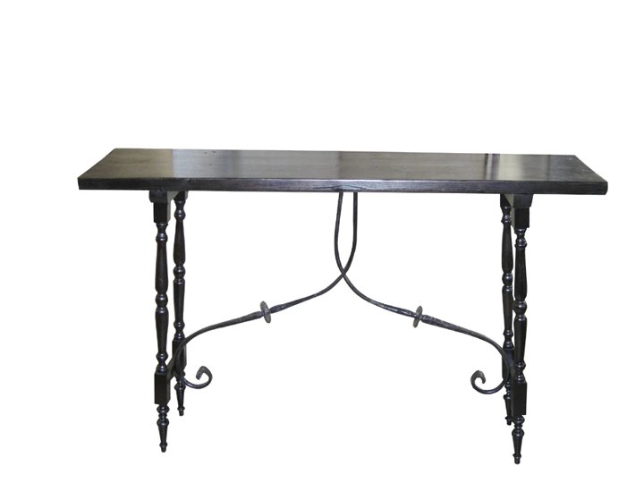 Spanish ebonized wood tall console with wrough iro: stretcher. Originally from a boutique hotel in Cadaques, Spain. 41"h x 62 7/8"l x 15 3/4"d