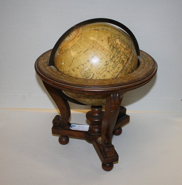 Aardglobe Dr R. Neuse 7 3/4" terrestrial globe: on walnut tripod tabletop stand incorporating a miniature compass. 14 1/2"h x 11"w overall.