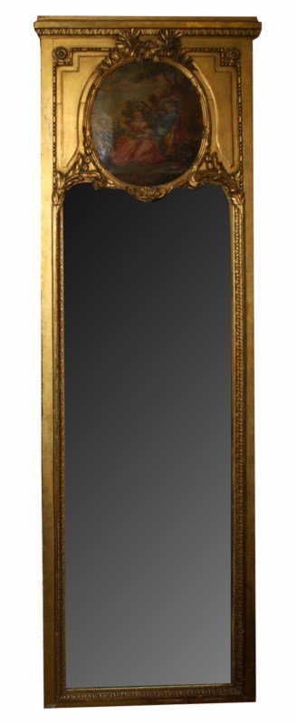 French 19th century Louis XVI gilt trumeau mirror: Painting is on canvas. 88 5/8"h x 26 3/8"w.