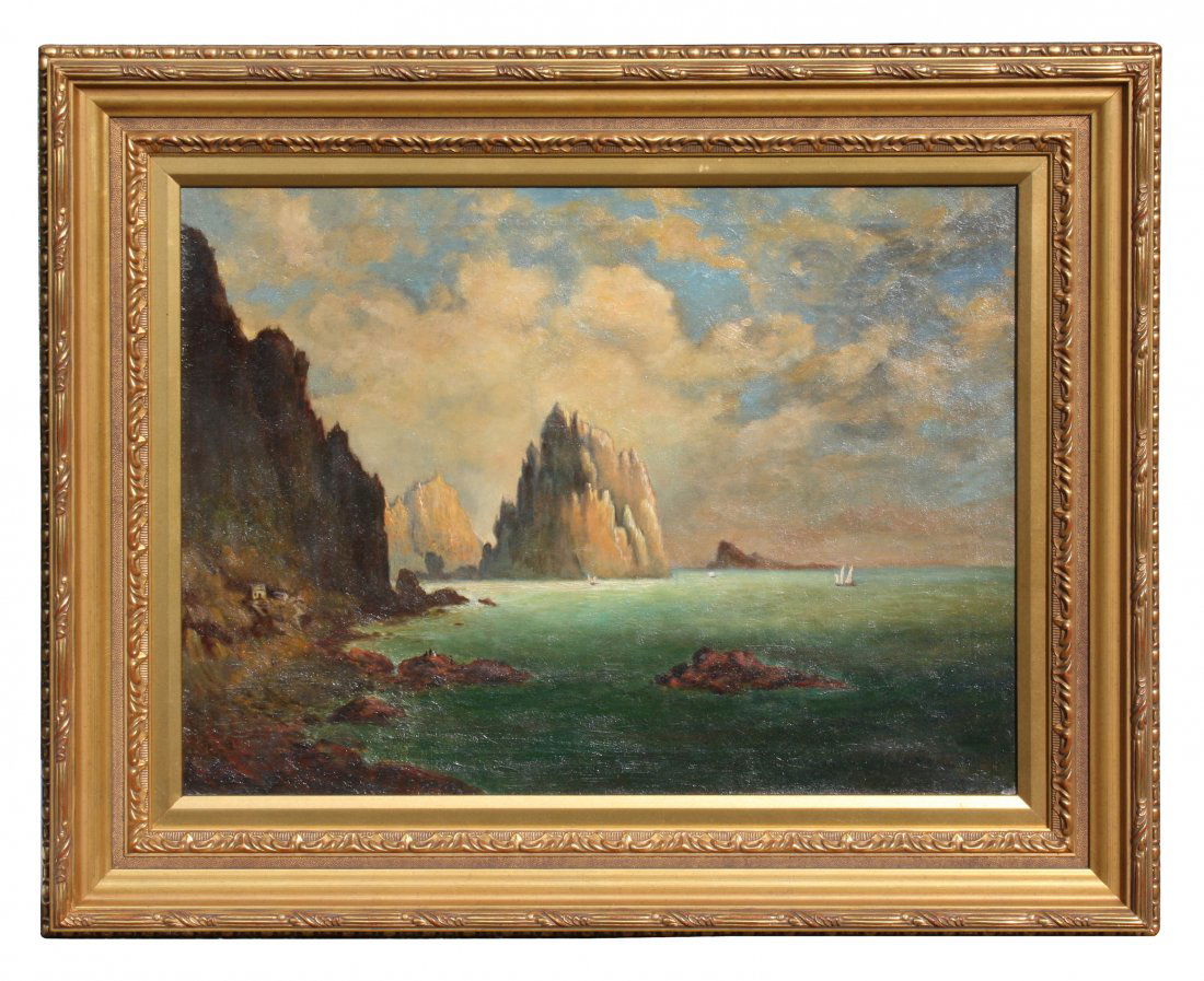 George Loring Brown oil on canvas Island of Capri: Signed and dated l/r GL Brown 1862. (Attributed to George Loring Brown, American 1814-1889). 18"h x 24"w. marked en verso, "View at the Island of Capri, near Naples... by George L Brown 1862."