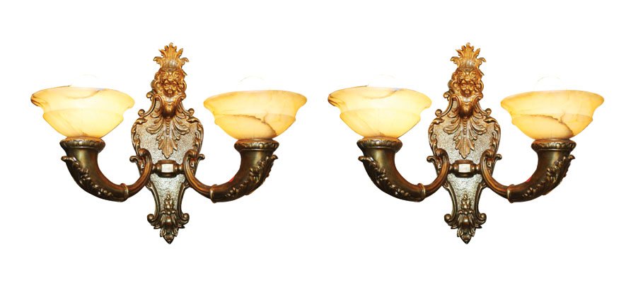 Pair of gilt bronze 2-arm sconces with alabster sh: and cherubs.