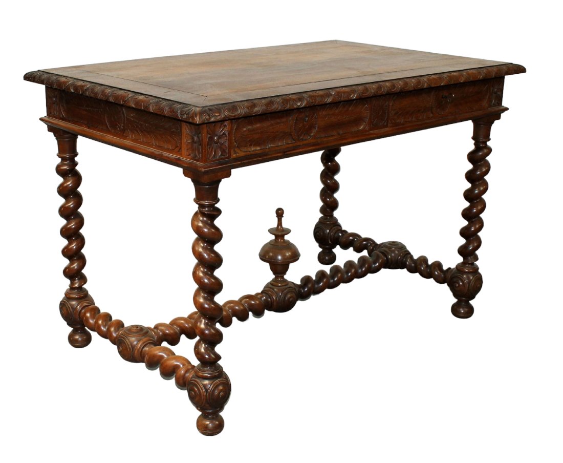 French bureau plat desk in walnut with 2 drawers and barley twist legs (1 of 11)