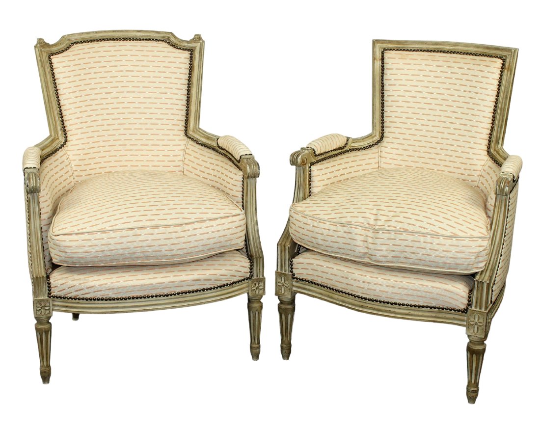 Companion pair of French Louis XVI style bergere chairs (1 of 8)