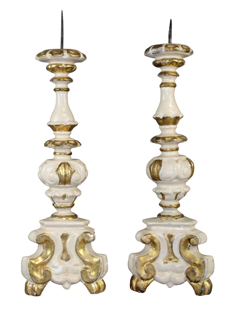 Pair of Italian carved and polychrome candlesticks: Pair of Italian carved and polychrome candlesticks. Late 20th century. Both approx: 23 1/2" h x 7 1/4" w x 7" d