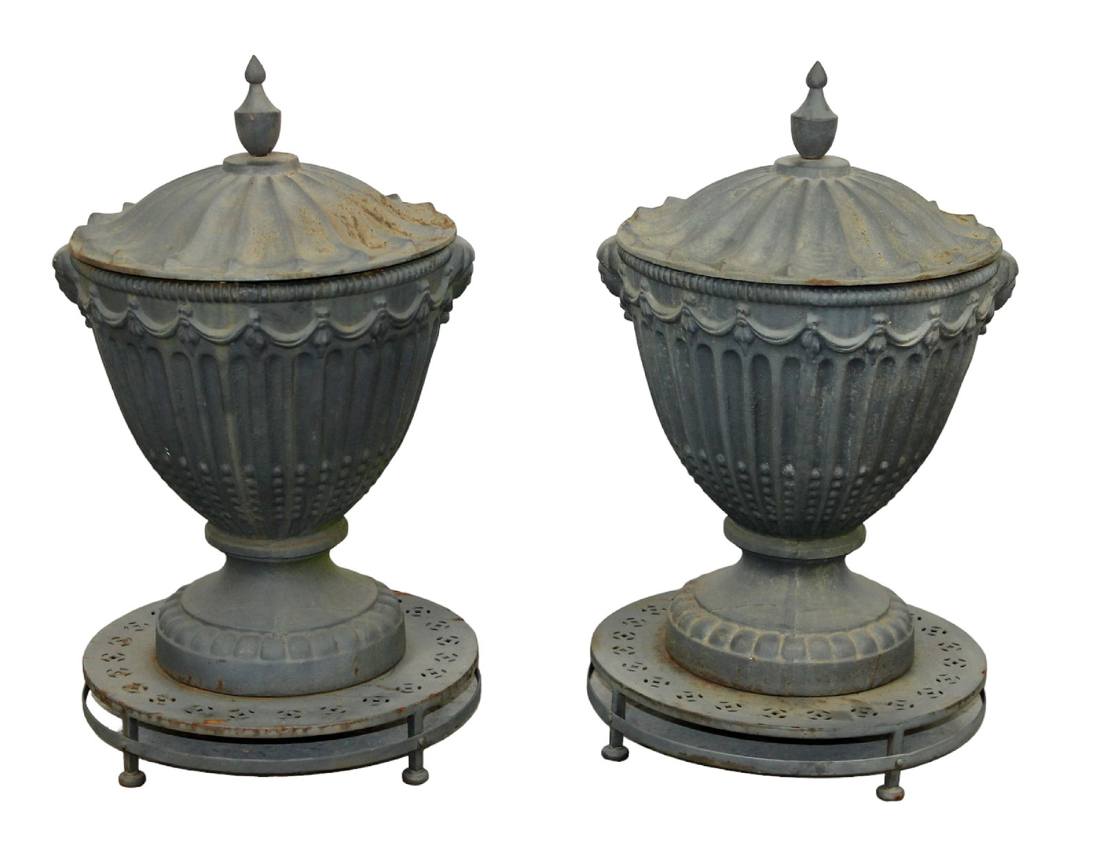 Pair of English Regency cast iron classical lidded urns on round bases (1 of 8)