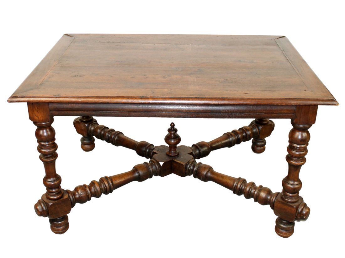 French library table in walnut with cross stretcher and center urn finial (1 of 12)