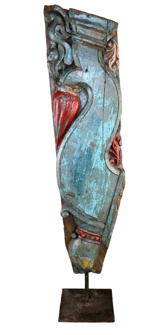Carved, painted architectural fragment mounted on iron stand (1 of 9)