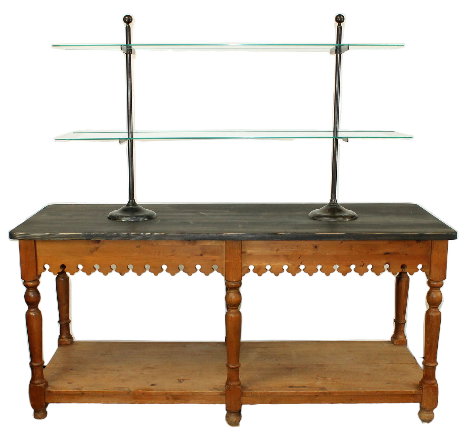 French pastry shop table in pine with tiered glass shelves (1 of 9)