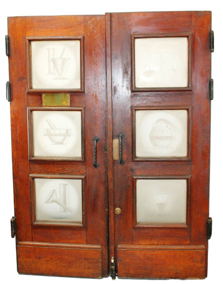 Pair French pharmacy doors in oak with etched glass (1 of 14)