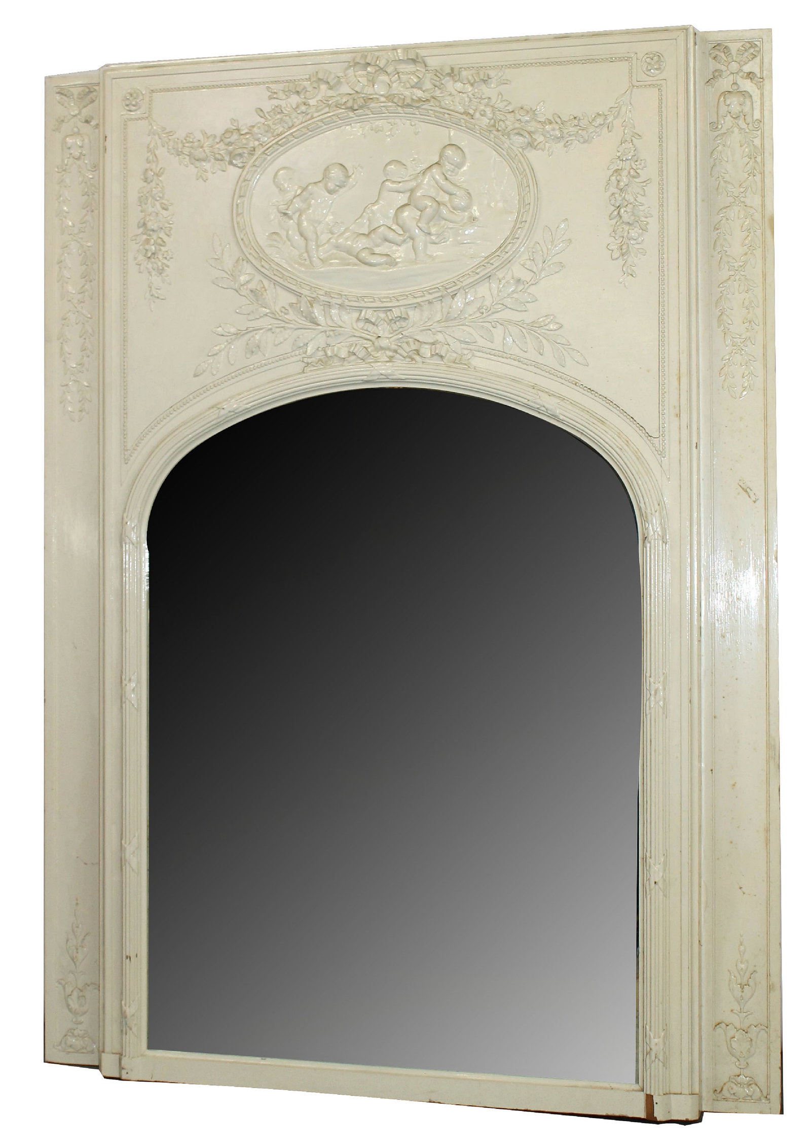 French Louis XVI painted trumeau mirror: French Louis XVI painted trumeau mirror with raised cherubs and classical floral garland and ribbon decoration. Late 19th century. 81 1/4"h x 60"w