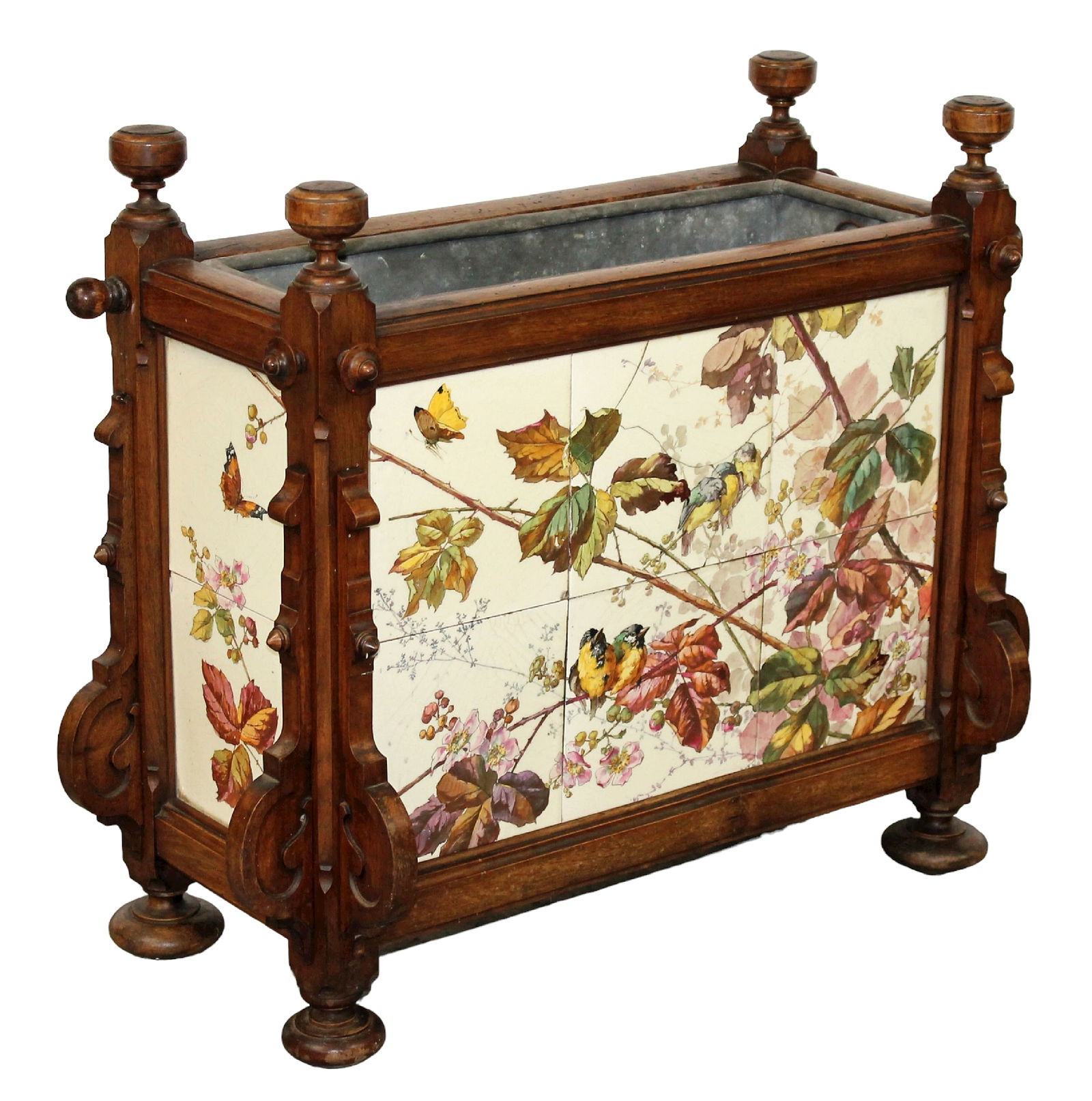 French Napoleon III jardiniere planter in walnut with ceramic tiles (1 of 9)