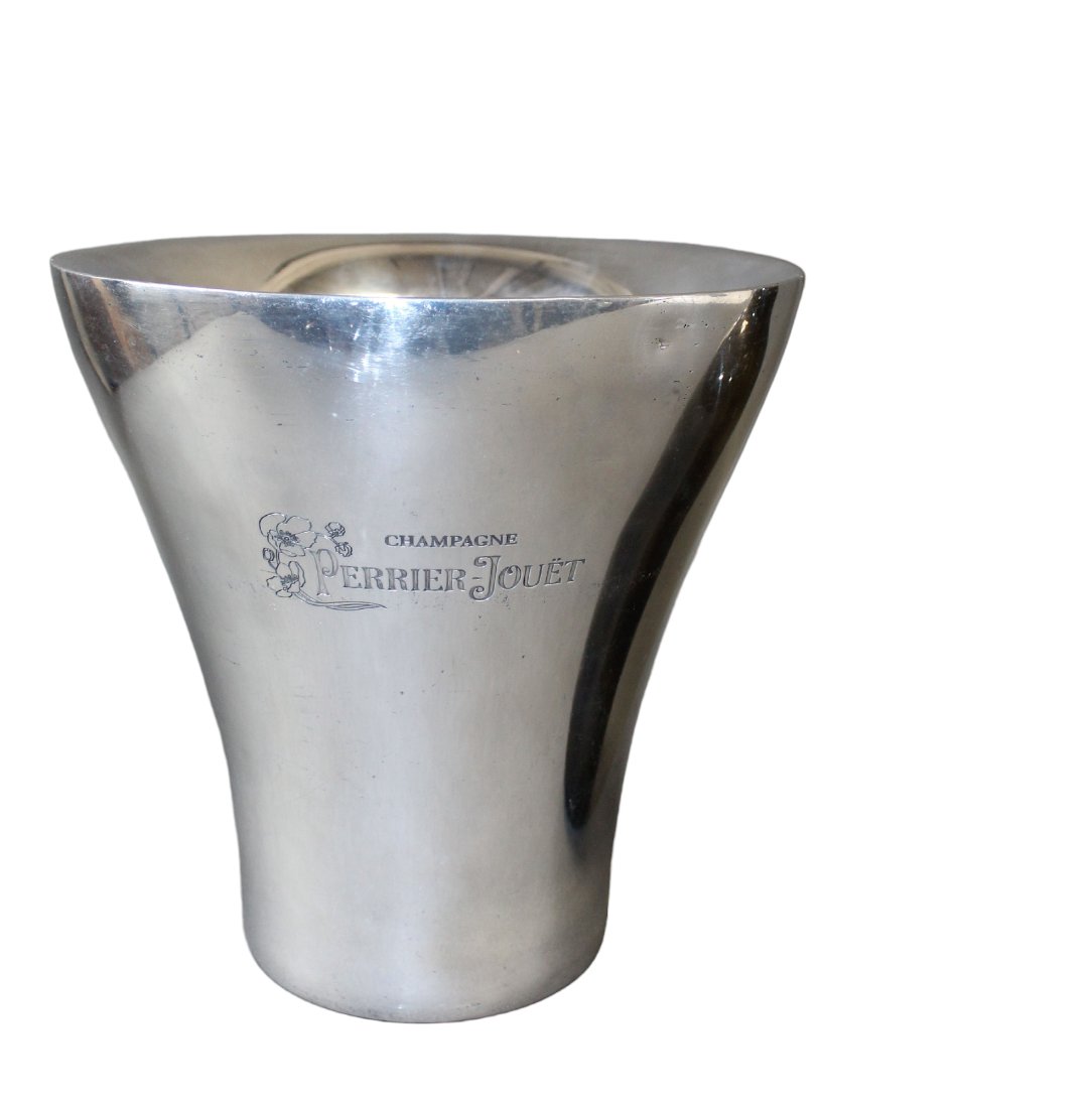 French Perrier-Jouet stainless steel champagne bucket: French Perrier-Jouet stainless steel double walled champagne bucket 9 1/2" h x 9 5/8" diam
