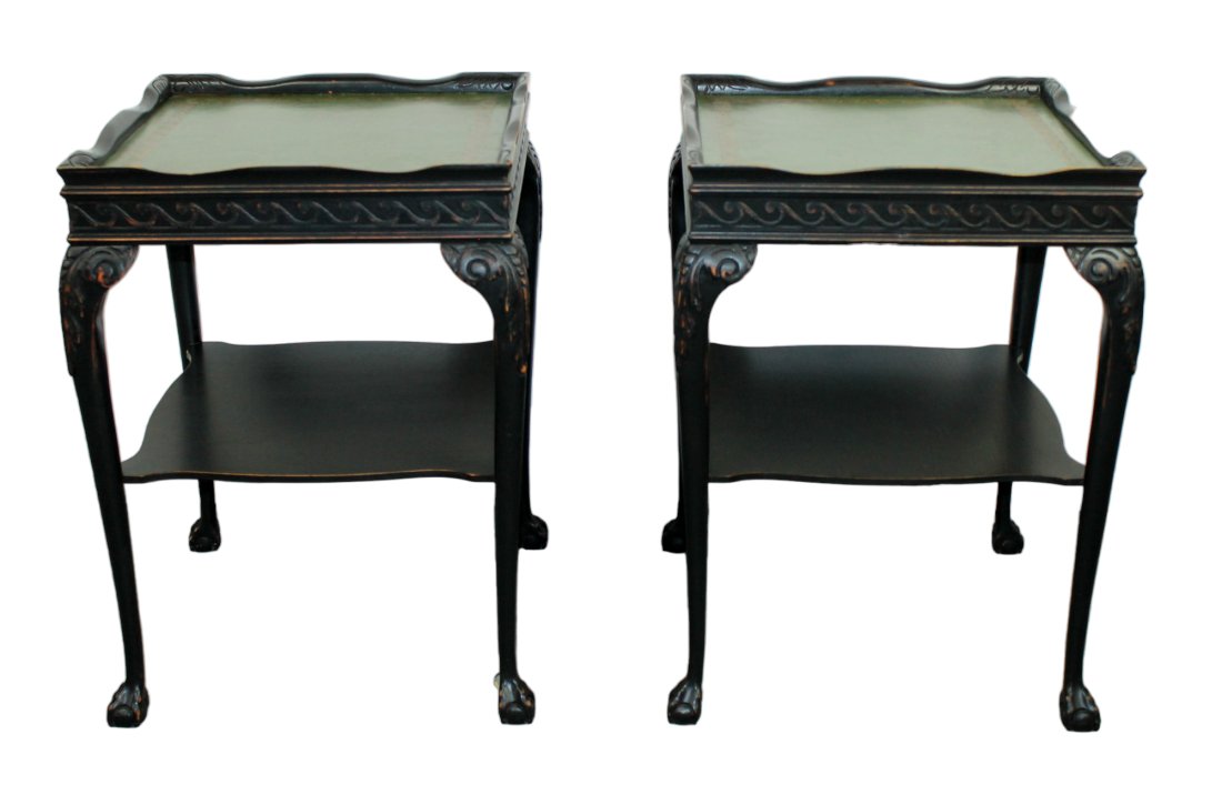 Pair ebonized side table with tooled green leather tops (1 of 7)