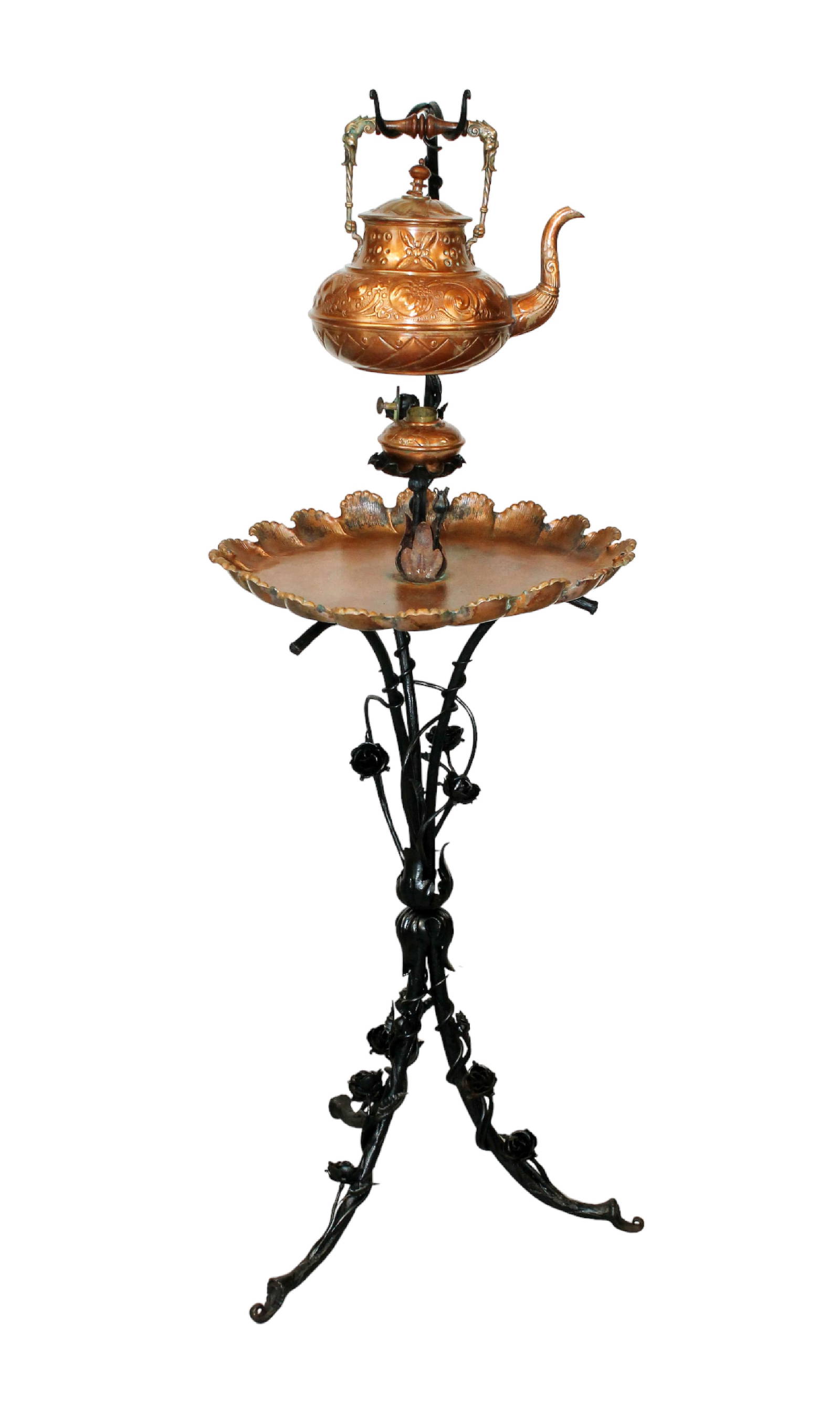 Antique Wrought Iron And Copper Tea Pot With Stand Auction